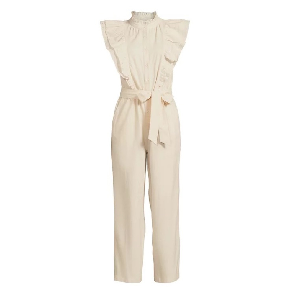 The Get Women's Cream Eyelet Ruffle Jumpsuit Linen Blend Size XXL New